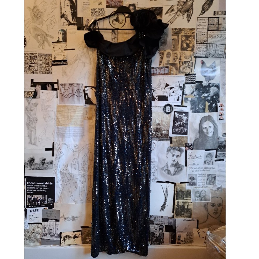 One-Shoulder, Navy Blue, Stretch Sequined Gown